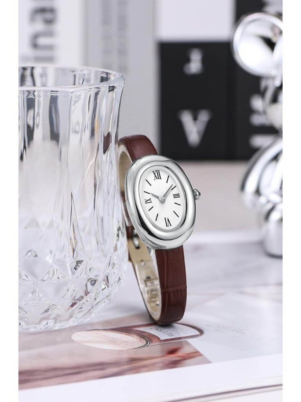 Women's Silver Brown Analog Quartz Elegant Dial Bangle Vintage Bracelet Watch - Picture 3 of 3